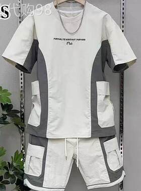 高端拼接休闲运动套装男士夏季2026新款机能风短袖工装短裤两件套