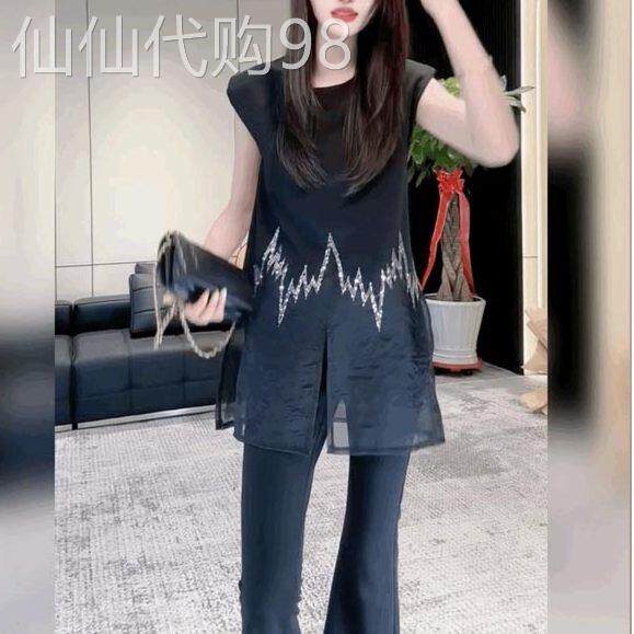 小香风开叉黑色中长版圆领亮片无袖T恤女2026夏季新款欧货上衣潮