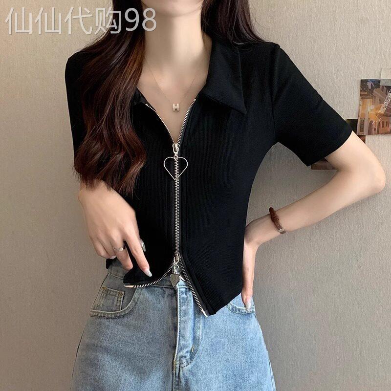 正肩t恤大码女装夏款短袖法式胖mm遮肚显瘦别致针织冰丝拉链上衣