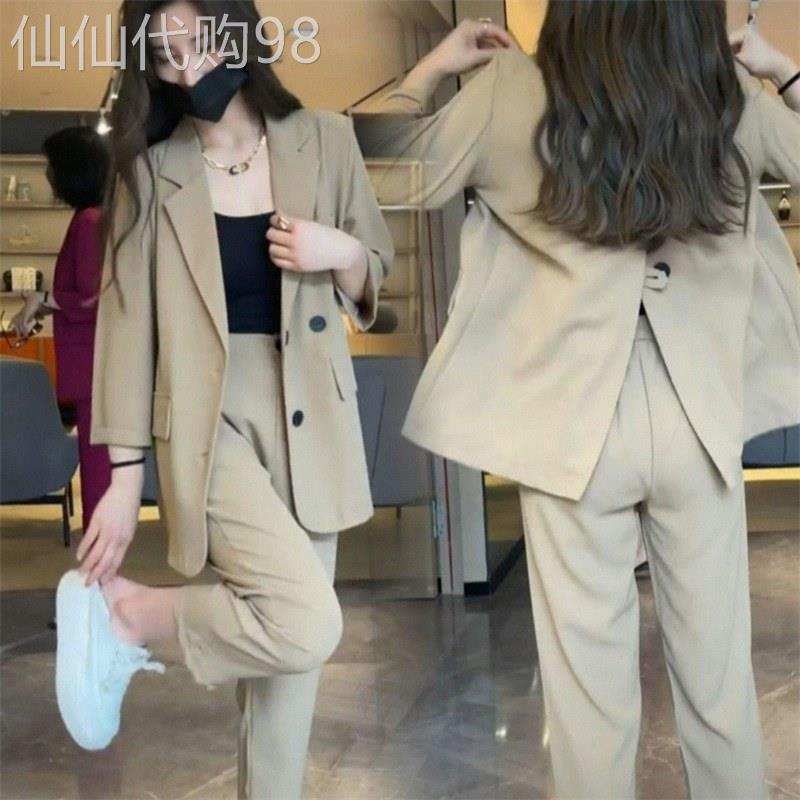 春秋欧货薄款冰丝时尚短袖西装外套女七分裤显瘦遮肉西服两件套潮