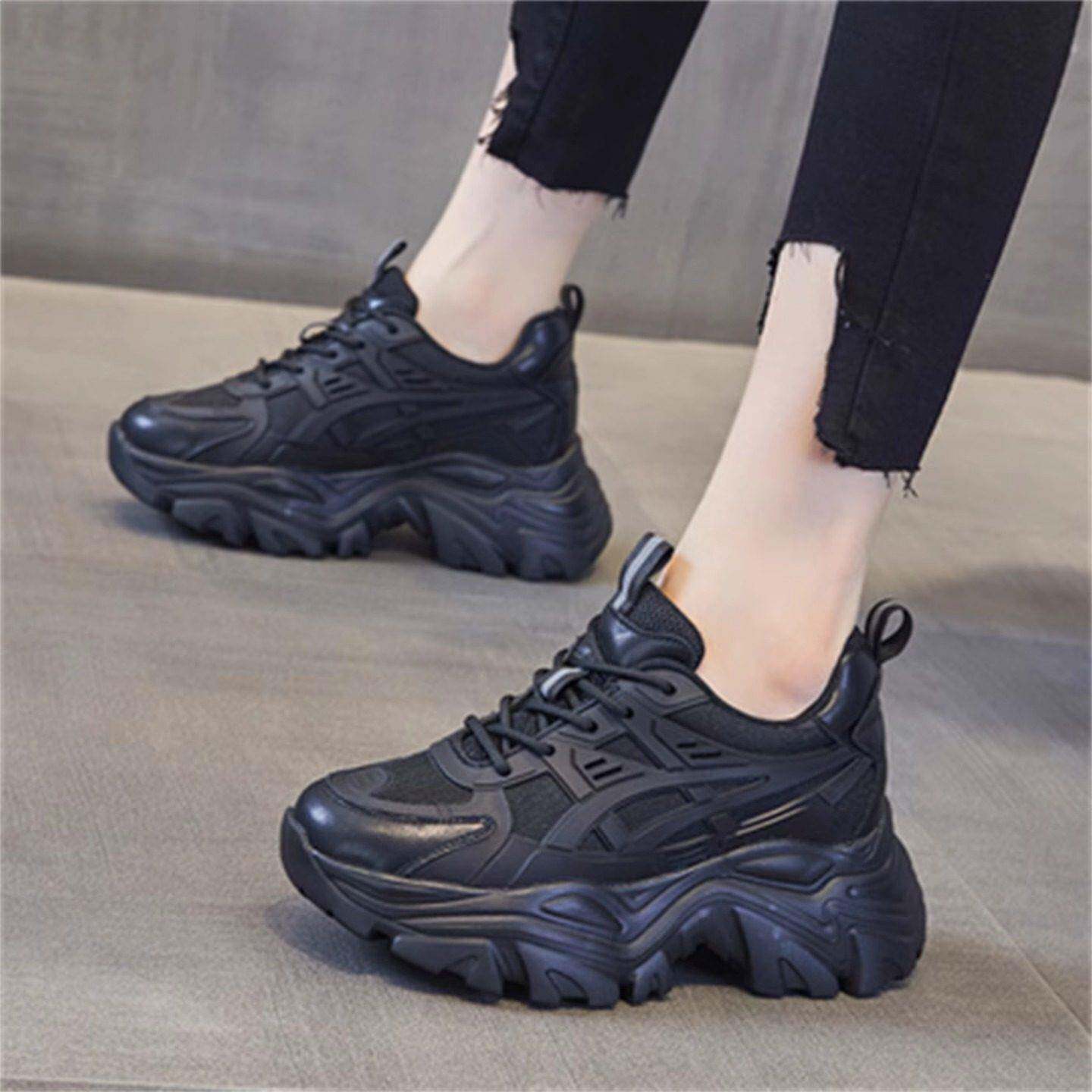 香港黑色老爹鞋女8cm内增高2025年新款春秋厚底单鞋松糕运动鞋子