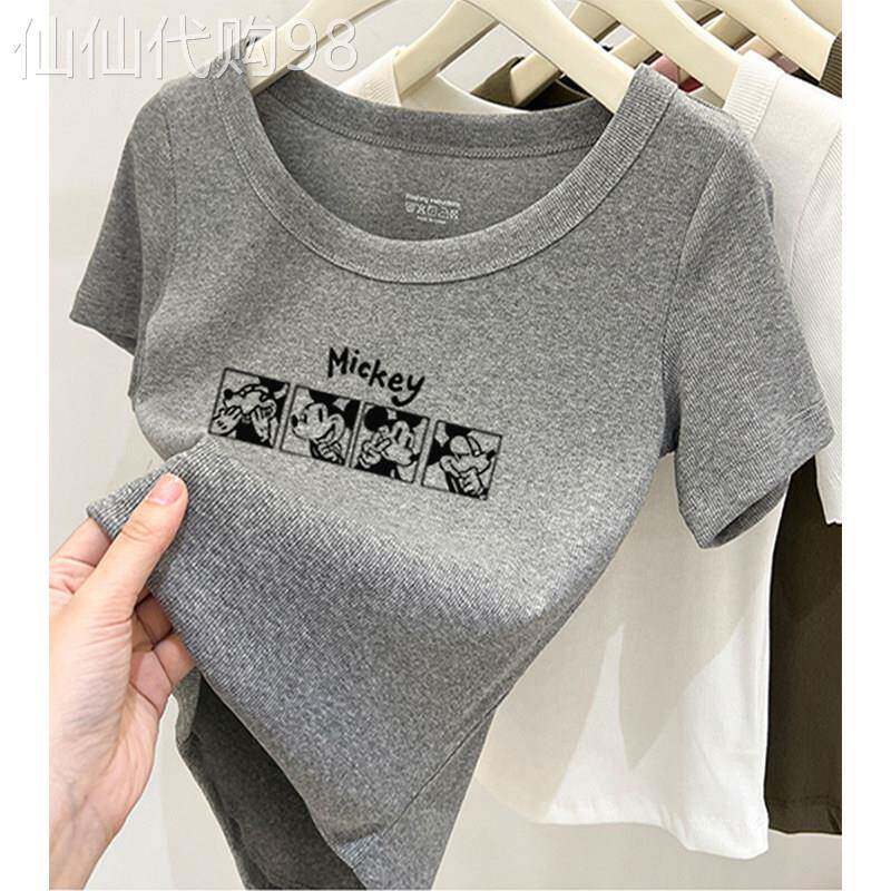 正肩短袖t恤女夏季2026年新款韩版时尚圆领修身显瘦印花短款上衣