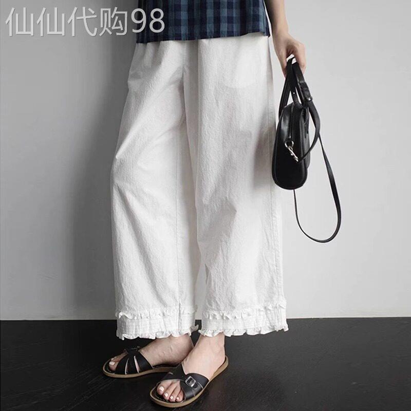 木耳边亚麻宽裤女夏季2026新款高腰直筒宽松显瘦九分白色休闲裤