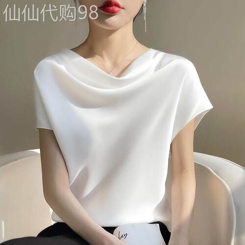 潮牌法式高端堆堆领短袖女士醋酸缎面上衣2026夏季高级感t恤小衫
