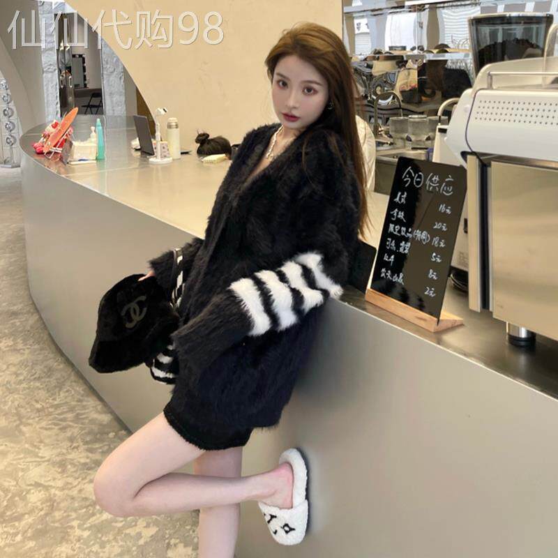 黑色水貂绒毛衣开衫女秋冬欧货慵懒风中长款v领针织条纹加厚外套
