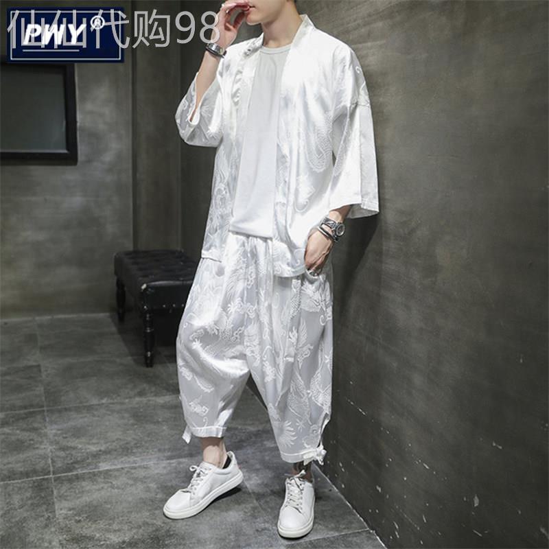 潮牌中国风唐装外套男士休闲套装夏季冰丝短袖衬衫防晒服一套搭配