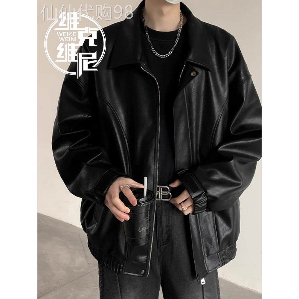 美国皮夹克男士2025春季新潮流品牌摩托车服装男士宽松大尺寸翻领