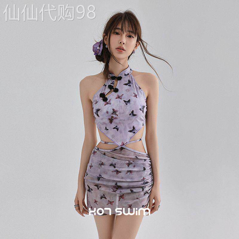 紫色分体碎花裙式小胸泳衣女士款中式风旗袍显瘦三件套度假装2026