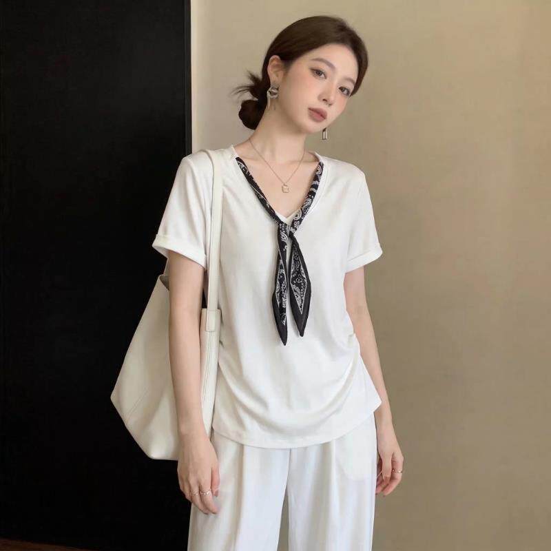 纯棉短袖t恤女夏季薄款2026年新款高级感独特收腰大码V领衬衣上衣