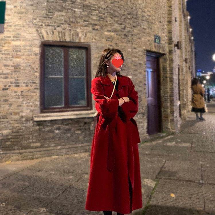 高级感红色双面呢子大衣女秋冬2025新款小个子宽松中长款毛呢外套