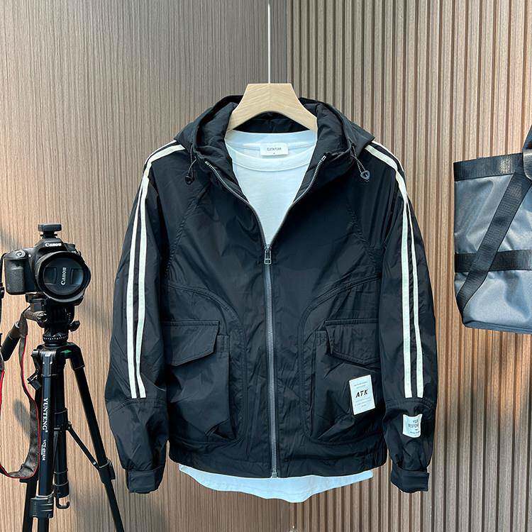 代购香港潮男秋冬撞色时尚棉服拼接男士连帽夹克短款休闲棉衣外套