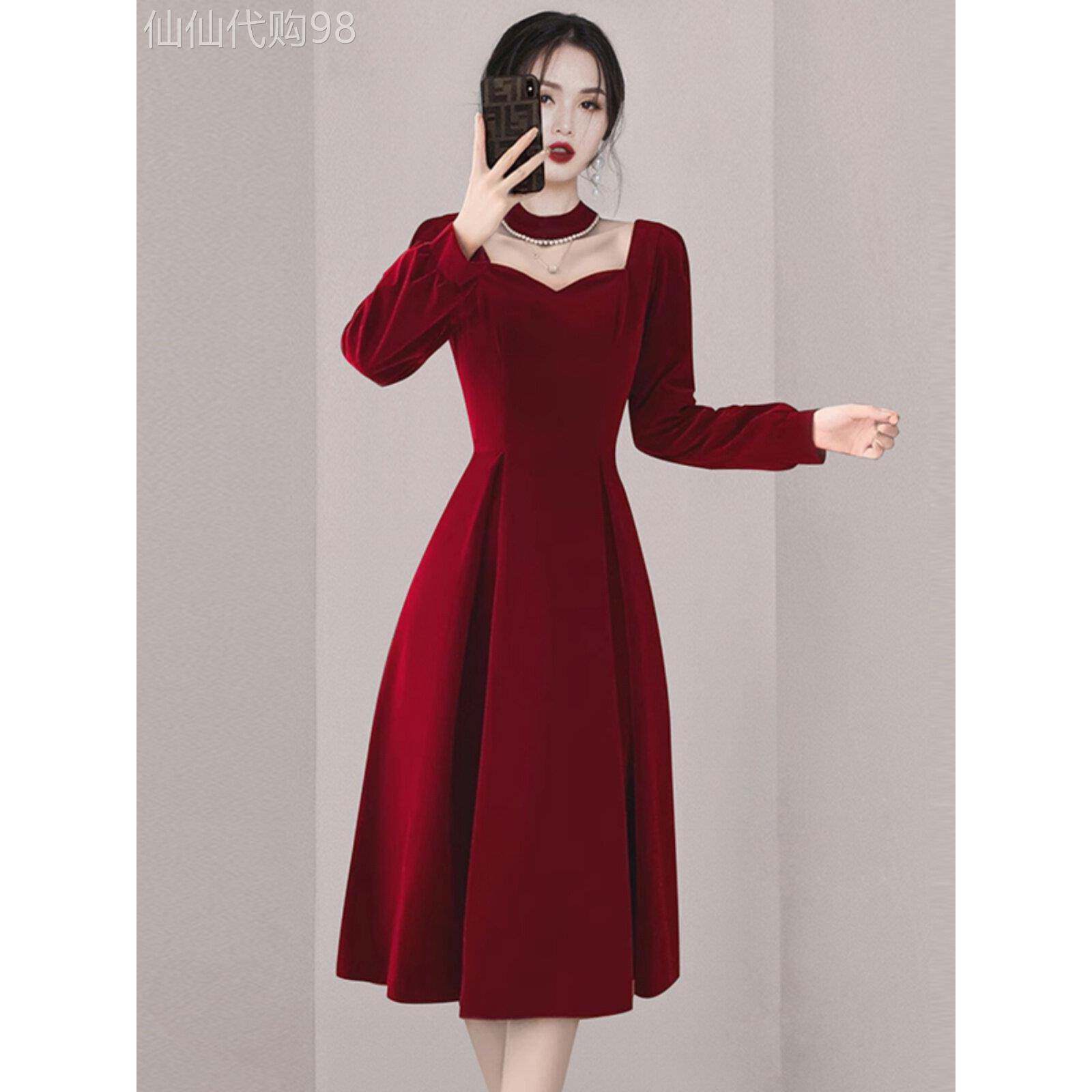 高端金丝绒晚礼服裙复古小红裙气质高级感晚宴结婚订婚红色连衣裙