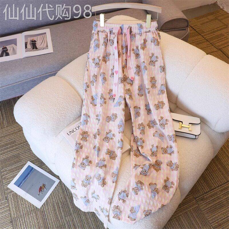 粉色裤子女夏季2026新款高腰显瘦休闲直筒裤卡通小熊格子阔腿裤潮