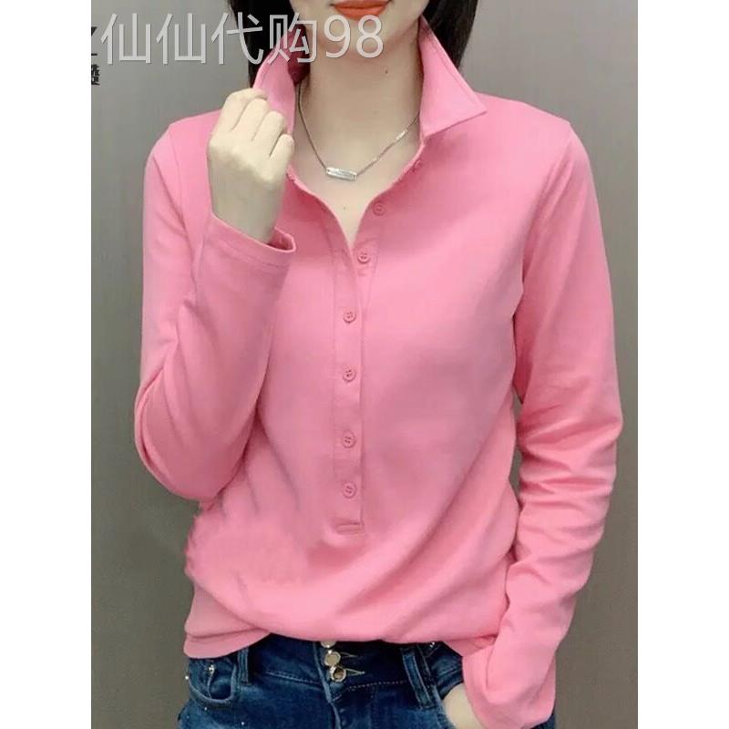 粉色polo领t恤女春秋夏百搭显瘦打底衫立领衬衫翻领长袖体恤上衣
