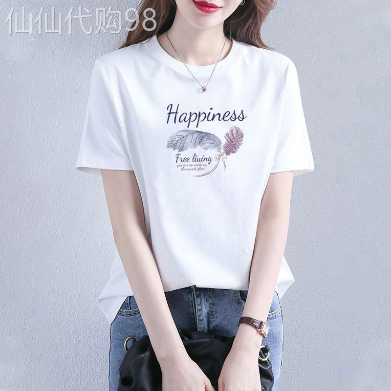 纯棉短袖t恤女夏季2026年新款宽松圆领体恤衫羽毛印花漂亮上衣女