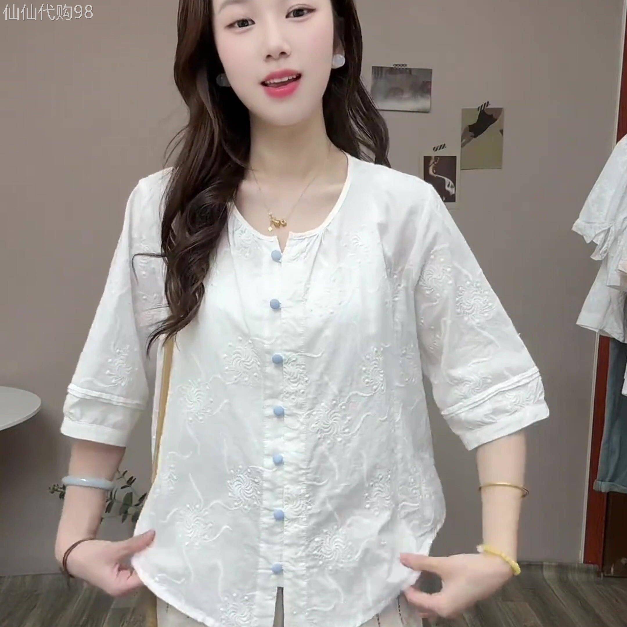 圆领设计感刺绣七分袖衬衫女夏季2026新款气质小衫女宽松显瘦纯棉