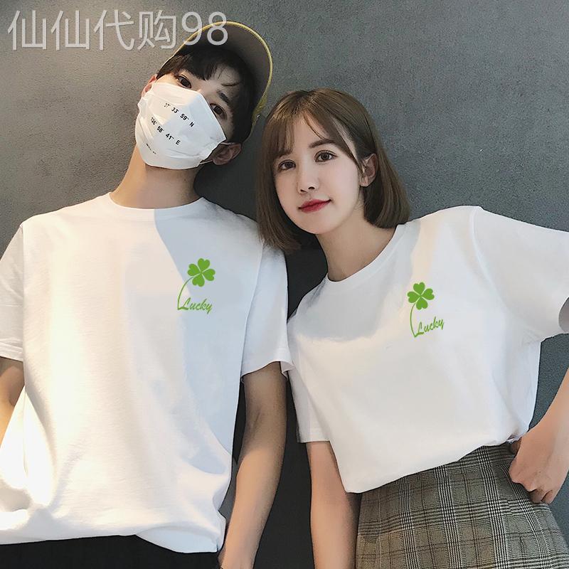 潮牌四叶草情侣装夏季休闲短袖T恤夏天韩版ins超火的沙滩两件上衣