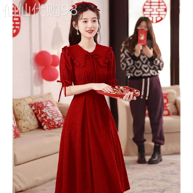 小个子敬酒服新娘酒红色显白订婚礼服连衣裙平时可穿回门便装大气