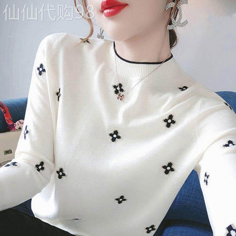 时尚小香风针织衫女春秋欧货长袖内搭衣内搭精致绣花外穿圆领毛衣