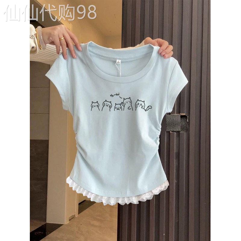 蕾丝花边短袖T恤女士夏季薄款2026新款收腰修身显瘦小衫洋派上衣