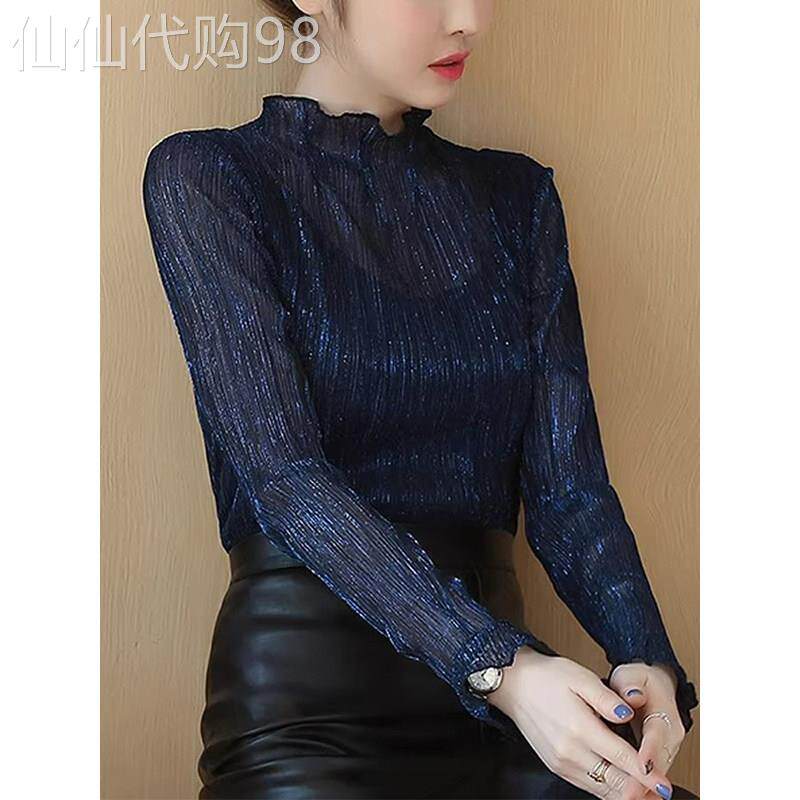 雪纺打底衫女士秋冬季加绒内搭洋气小衫亮丝网纱蕾丝衫半高领上衣