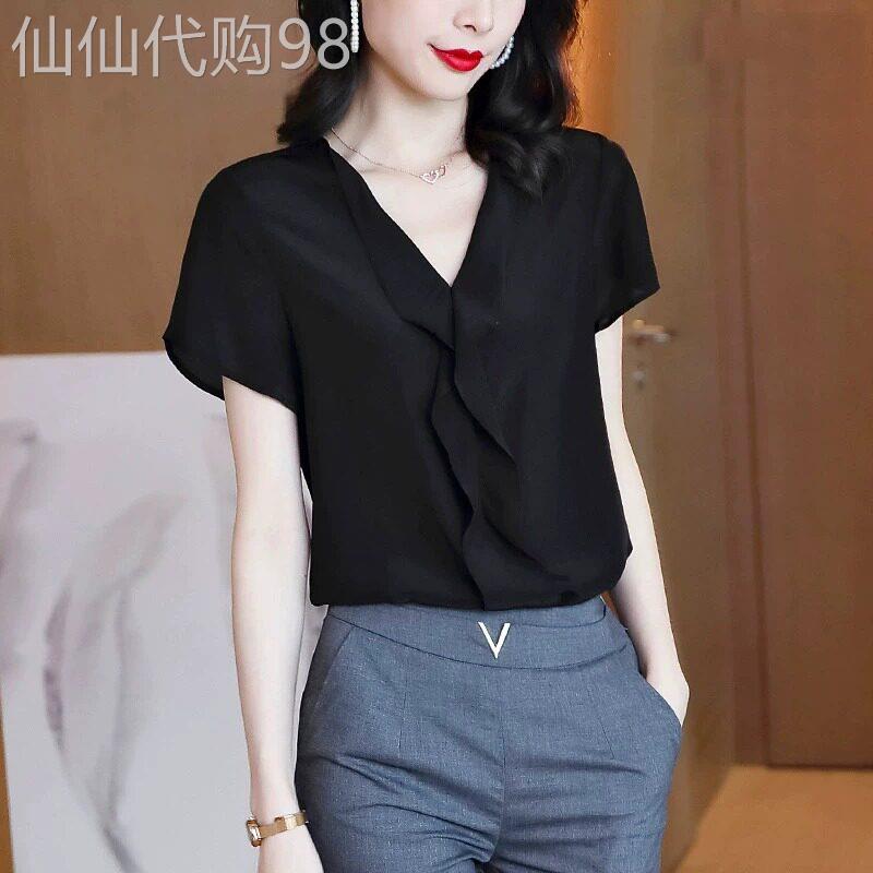 黑色丝滑衬衫女短袖V领气质小衫新款时尚宽松洋派重磅高级感上衣