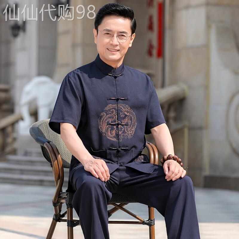 棉麻短袖唐装套装男士夏季中老年宽松衬衫爷爷70岁盘扣亚麻上衣服