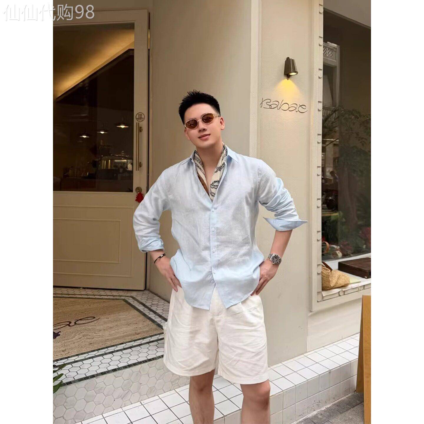 韩国Uamtor夏季浅蓝色衬衫男士长袖老钱风休闲衬衣短裤夏季款套装