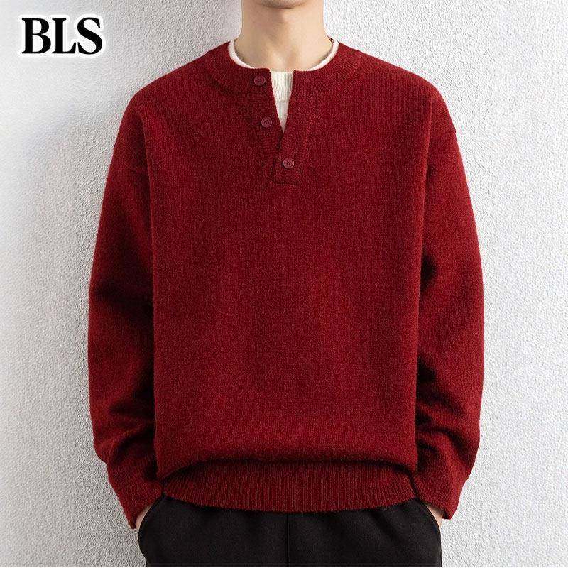 高端保暖红色假两件毛衣男士冬季2025新款加绒本命年打底衫针织衫