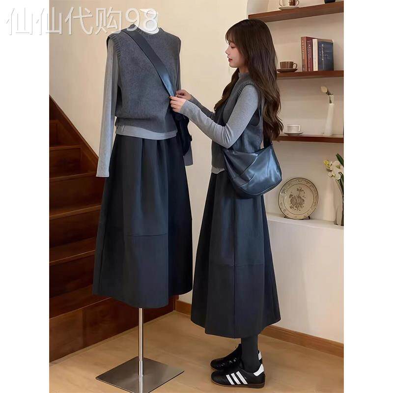 深灰色通勤高腰花苞裙女春秋欧货宽松显瘦长款百搭半身裙毛呢伞裙