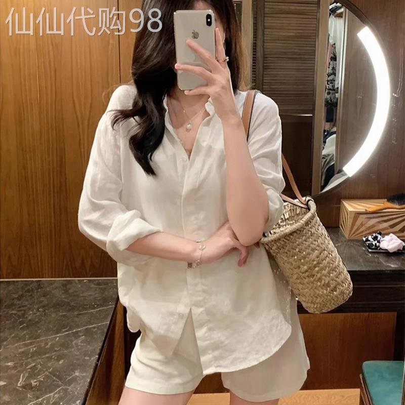 白色彷棉麻防晒衬衫女春夏季小个子宽松休闲百搭衬衣开衫长袖上衣