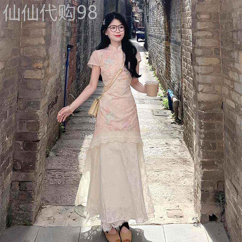 千金轻国风新中式粉色碎花连衣裙女2025新款小个子收腰蕾丝长裙子