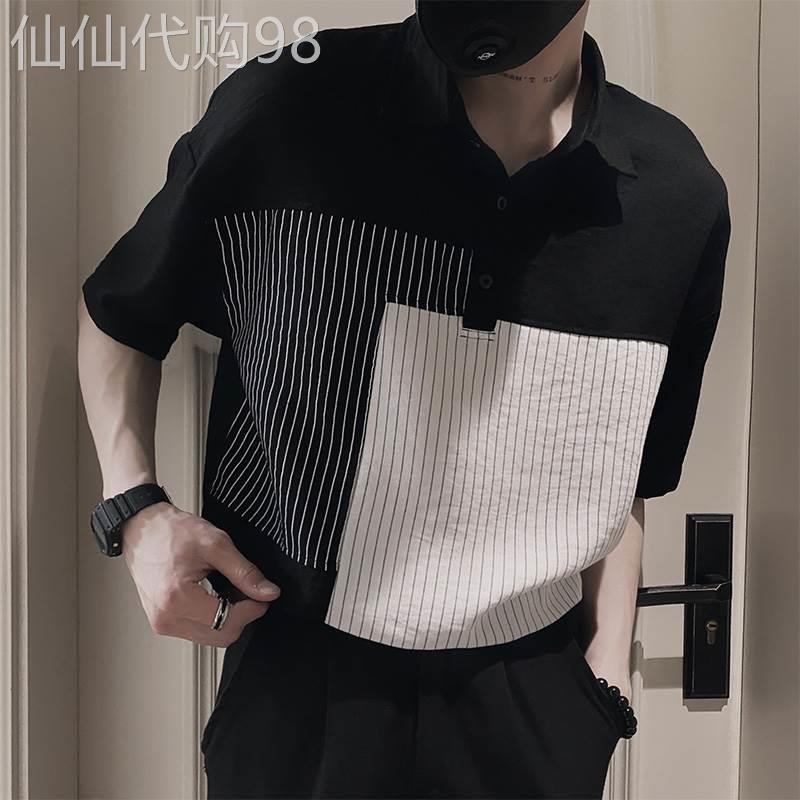 条纹冰丝短袖衬衫男士夏季潮牌宽松痞帅拼色五分袖休闲翻领衬衣服