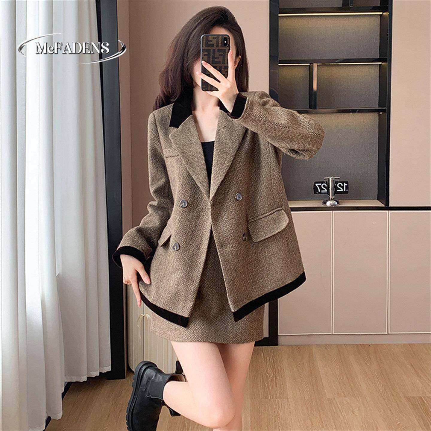 香港老钱风西装套装女秋冬双排扣撞色拼接高级感气质时髦职场套装