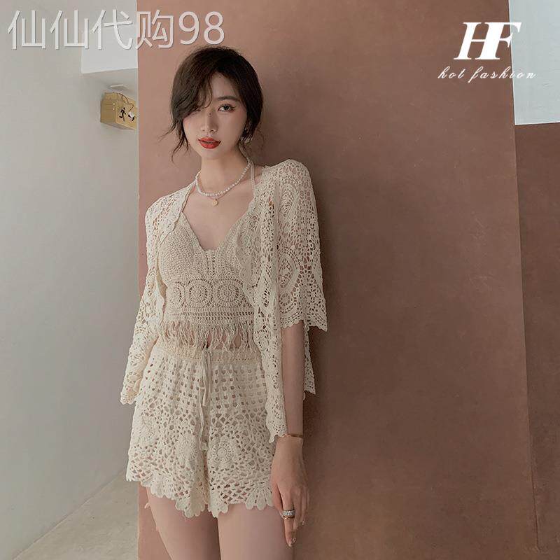 两件式性感罩衫比基尼泳衣女士款泡温泉高级感针织三件套装2026新
