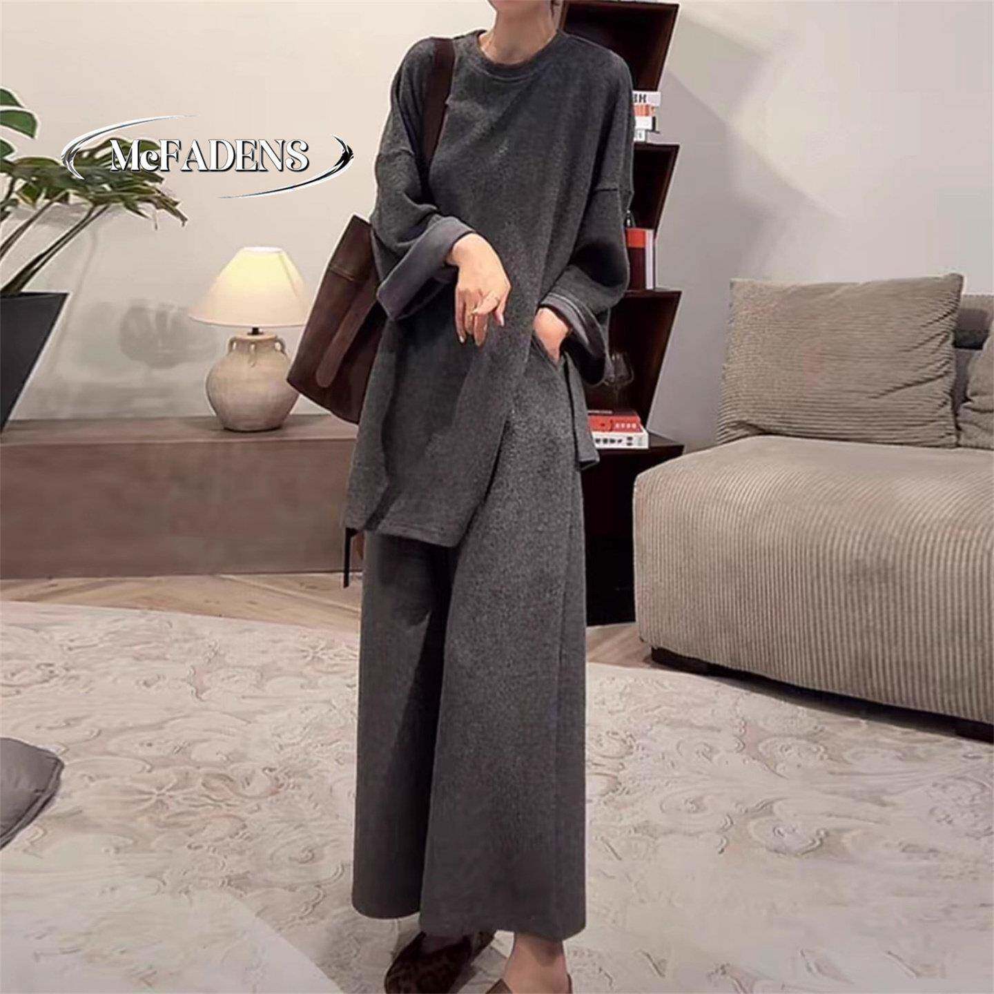 香港高级感慵懒风卫衣套装女秋冬款宽松遮肉开叉上衣阔腿裤两件套