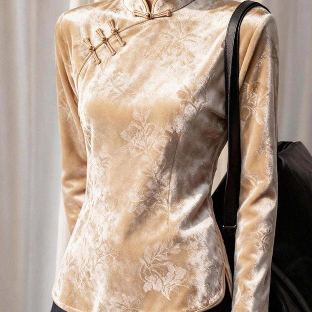 高档轻奢新中式女装香槟色提花盘扣丝绒旗袍上衣超火减龄国风小衫