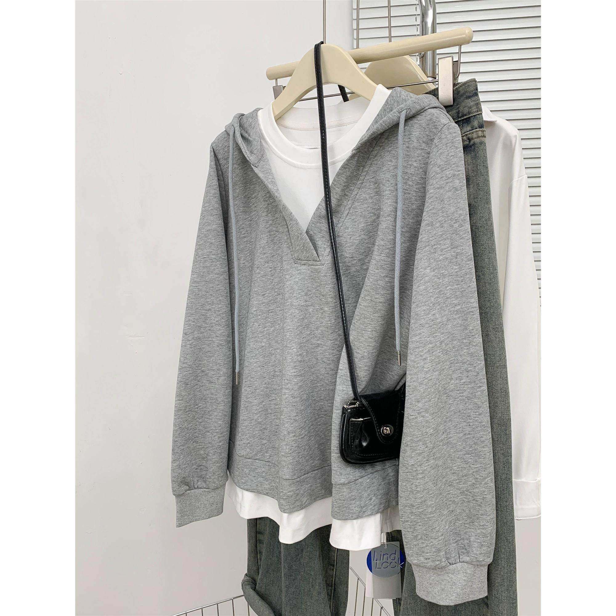 潮牌灰色假两件连帽卫衣女2025春秋冬季新款韩版宽松加绒加厚上衣