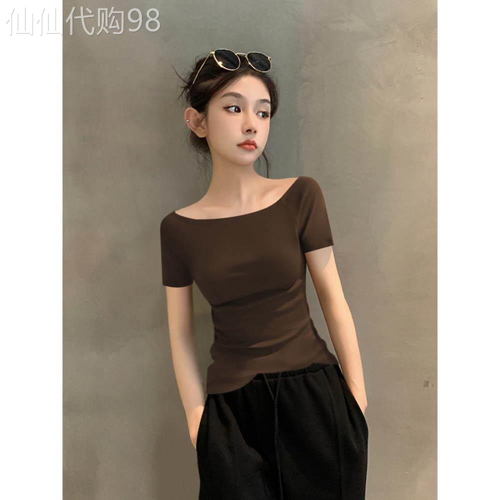 欧货咖色短袖T恤女一字领露肩螺纹棉夏2026新款薄款紧身针织上衣