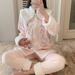 甜美国风长袖长裤中式刺绣家居服秋冬丝绒加厚女款优雅名媛风睡衣