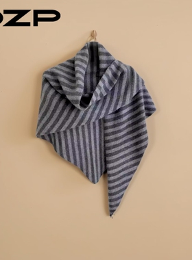 DZP三角披肩围巾灰色条纹时尚百搭秋冬保暖围巾护肩颈女