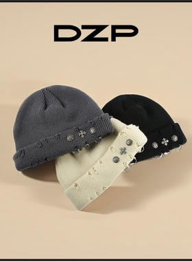 DZP亚比街头嘻哈复古十字架圆环破洞毛线帽子女针织瓜皮帽冷帽男