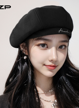 黑色大头围毛呢贝雷帽女秋冬款显脸小韩系可爱八角帽子帽子高质量