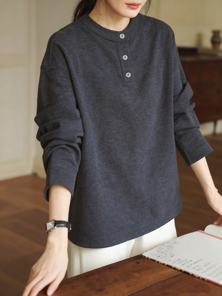 深灰色圆领纽扣磨毛长袖打底衫2025秋季新款高级感宽松单穿上衣女