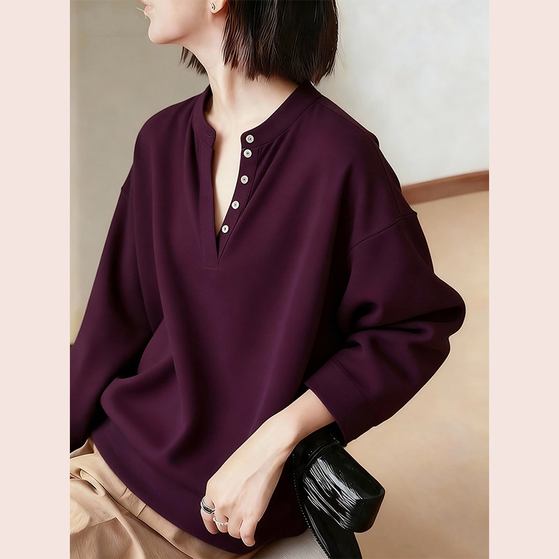 复古深紫色v领衬衫衬衣女款2025新款爆款独特漂亮打底衫冬季新款