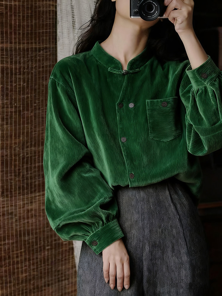 覆古绿灯芯绒立领盘扣灯笼袖衬衫2025秋季新款新中式国风禅意上衣