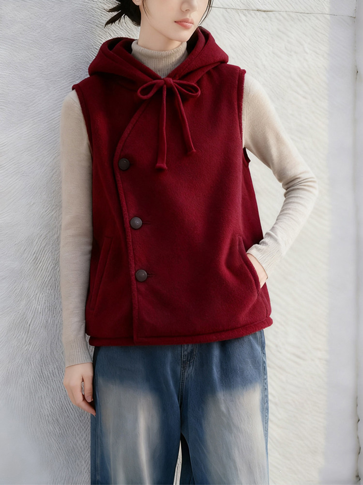 新年圣诞红色连帽斜襟绑带磨毛马夹宽松慵懒风韩版外套2025冬季女,女装/女士精品,常规大码外套,淘宝优惠券,粉丝福利购,淘宝优惠卷