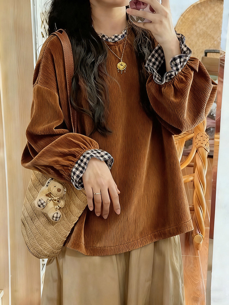 森系覆古棕色灯芯绒格子喇叭袖拼接衬衫独特漂亮新款小衫2025秋季
