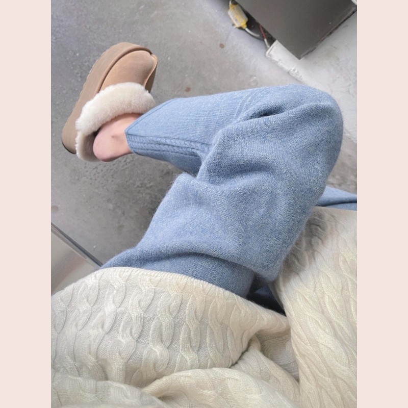 韩系蓝色绞花直筒阔腿糯米针织长裤垂感慵懒显瘦百搭休闲裤2025秋,女装/女士精品,大码内搭,淘宝优惠券,粉丝福利购,淘宝优惠卷