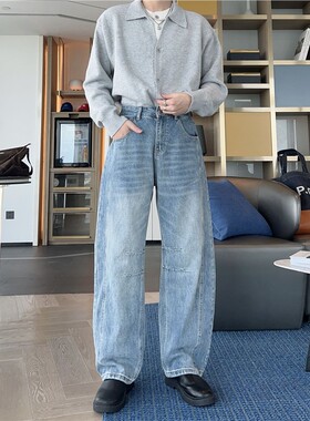 秋冬美式立体剪裁分割水洗蓝色弯刀牛仔裤男款cleanfit百搭长裤子